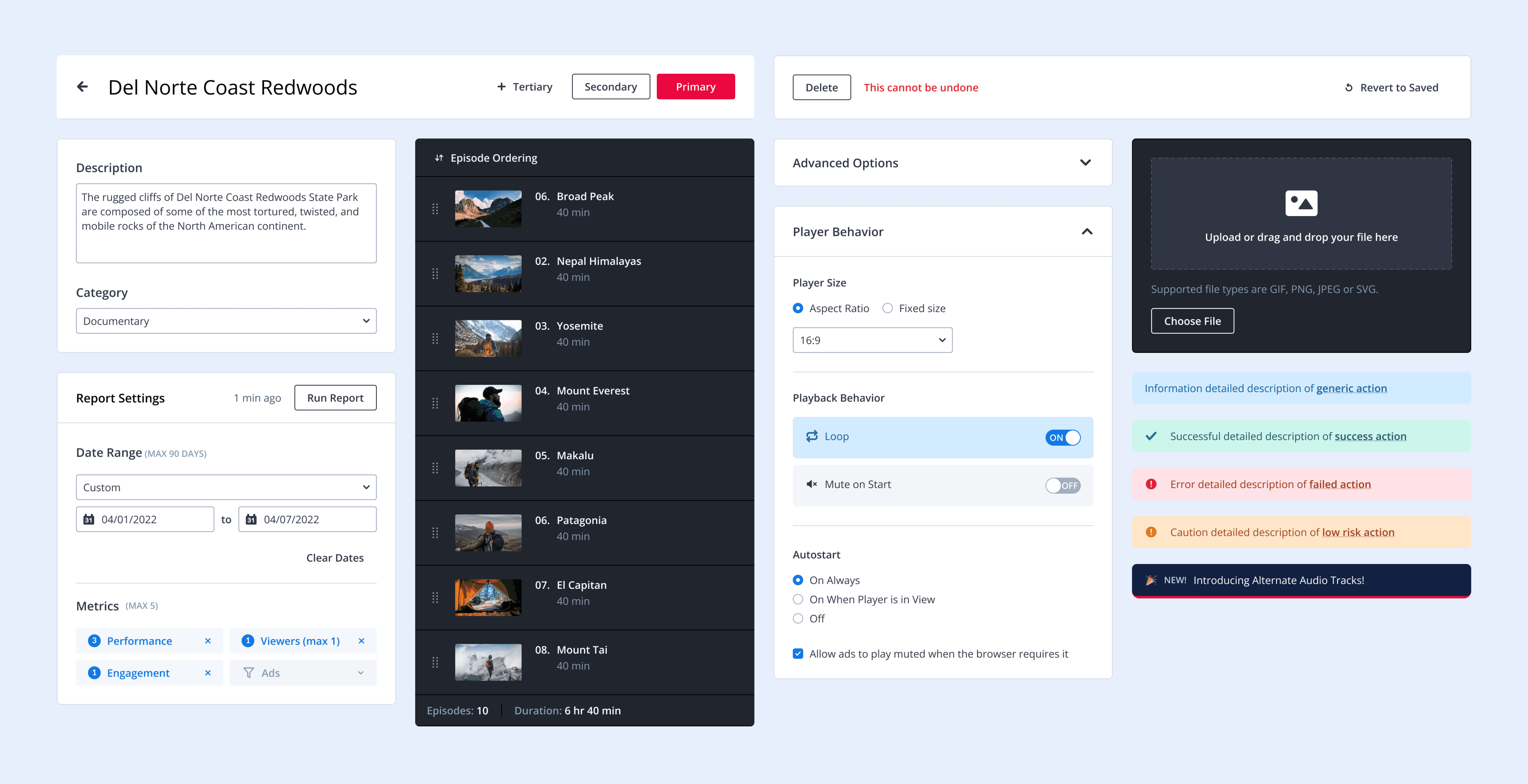 Examples of components like inputs, buttons, draggable episode lists, and alerts