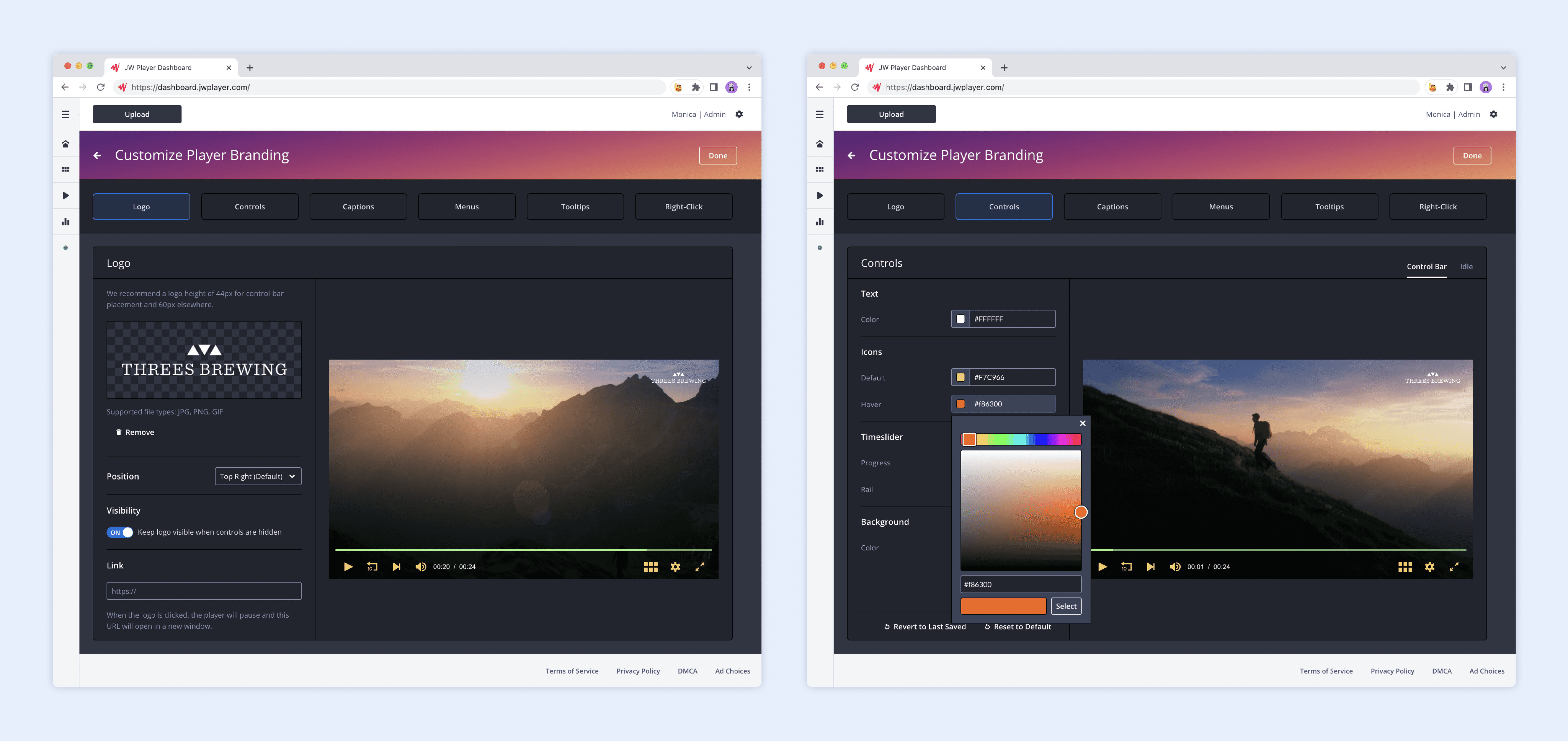 Product shots of JW Dashboard in which user is editing logos and colors used in JW Player